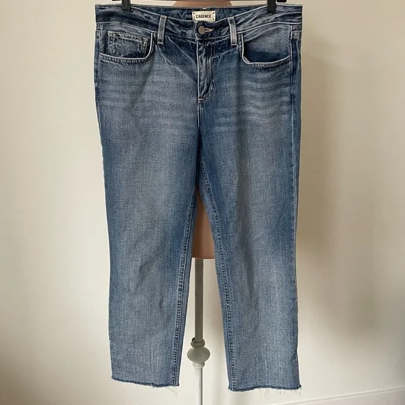 L'AGENCE Milana Westwood Blue Raw Hem Straight Leg Low Rise Stovepipe Jeans 28